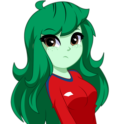 Size: 976x978 | Tagged: safe, artist:rosemile mulberry, derpibooru import, wallflower blush, human, equestria girls, clothes, female, freckles, shirt, simple background, solo, white background