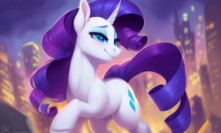Size: 1280x768 | Tagged: safe, derpibooru import, generator:pony diffusion v4, generator:stable diffusion, machine learning generated, rarity, pony, unicorn, blue eyes, city, cityscape, dynamic pose, looking to side, looking to the right, purple hair, smiling, solo