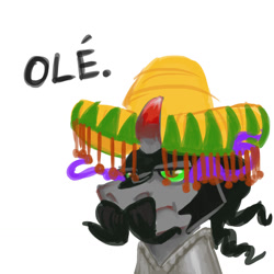 Size: 1280x1280 | Tagged: artist needed, source needed, safe, derpibooru import, king sombra, pony, unicorn, armor, curved horn, dialogue, facial hair, horn, king sombrero, male, mexican, moustache, pun, simple background, solo, sombra eyes, sombrero, spanish, spanish text, text, white background