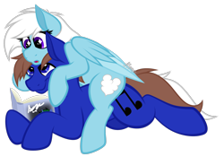 Size: 1652x1157 | Tagged: safe, artist:feather_bloom, derpibooru import, oc, oc only, oc:blue_skies, oc:feather_bloom, earth pony, pegasus, pony, book, couple, duo, simple background, sitting on person, sitting on pony, starry eyes, transparent background, wholesome, wingding eyes