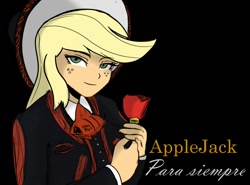 Size: 1000x741 | Tagged: safe, artist:glim_gg, derpibooru import, applejack, human, equestria girls, black background, flower, looking at you, mariachi, rose, simple background, solo