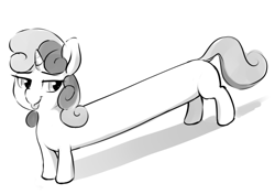 Size: 540x380 | Tagged: artist needed, source needed, safe, derpibooru import, sweetie belle, pony, unicorn, female, long pony, monochrome, simple background, solo, tongue, tongue out, white background