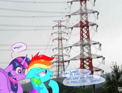 Size: 1511x1151 | Tagged: safe, artist:petaltwinkle, derpibooru import, rainbow dash, twilight sparkle, twilight sparkle (alicorn), alicorn, pegasus, pony, dialogue, duo, electrical tower, female, irl, mare, photo, ponies in real life, power line, rainbow dumb, speech bubble