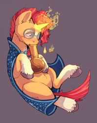 Size: 711x900 | Tagged: safe, artist:silverycryptid, derpibooru import, sunburst, pony, unicorn, 420, beard, bong, clothes, colored, digital art, drugs, facial hair, glasses, glowing, glowing horn, high, horn, magic, male, marijuana, red eyes, robe, shitposting, simple background, smoking, solo, stallion, stoned