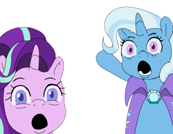 Size: 1213x939 | Tagged: safe, artist:talim_stuff, derpibooru import, starlight glimmer, trixie, pony, unicorn, :o, duo, female, looking at you, mare, meme, open mouth, pointing, ponified, ponified meme, simple background, transparent background, wojak