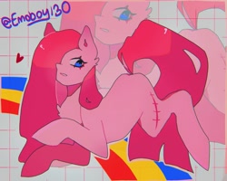 Size: 1771x1414 | Tagged: safe, artist:emoboy130, derpibooru import, pinkie pie, earth pony, pony, chest fluff, lying down, pinkamena diane pie, scar, solo, text, zoom layer