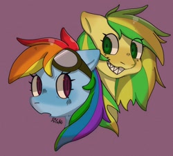 Size: 2048x1842 | Tagged: safe, artist:usapipoyoyo, derpibooru import, rainbow dash, oc, oc:wooden toaster, pegasus, pony, bust, duo, goggles, sharp teeth, simple background, smiling, teeth