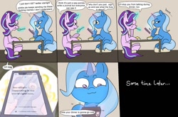 Size: 1202x792 | Tagged: safe, artist:c4n4ry0nl1n3, derpibooru import, part of a set, starlight glimmer, trixie, pony, unicorn, cellphone, comic, duo, implied pinkie pie, meta, phone, smartphone, smiling, text, twitter