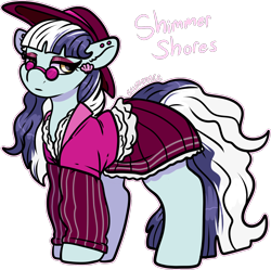 Size: 1466x1463 | Tagged: safe, artist:sexygoatgod, derpibooru import, oc, oc only, oc:shimmer shores, earth pony, pony, adoptable, clothes, ear piercing, eyeshadow, female, glasses, hat, jacket, lidded eyes, makeup, piercing, simple background, skirt, solo, transparent background