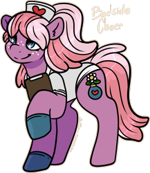 Size: 1388x1600 | Tagged: safe, artist:sexygoatgod, derpibooru import, oc, oc only, oc:bedside cheer, earth pony, pony, adoptable, clipboard, female, freckles, nurse, nurse outfit, ponytail, simple background, solo, transparent background