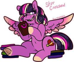 Size: 1599x1342 | Tagged: safe, artist:sexygoatgod, derpibooru import, oc, oc only, oc:star crossed, pegasus, pony, adoptable, book, braces, female, frog (hoof), one eye closed, simple background, solo, transparent background, underhoof, wink