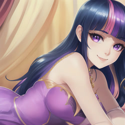 Size: 600x600 | Tagged: safe, derpibooru import, editor:sammykun, generator:stable diffusion, machine learning generated, twilight sparkle, human, bare shoulders, beautiful, bed, clothes, cute, dress, female, humanized, lips, long hair, looking at you, lying down, offscreen character, on bed, pov, purple eyes, sleeveless, solo, twiabetes