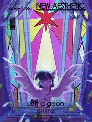 Size: 1620x2160 | Tagged: safe, artist:lendftcn, derpibooru import, twilight sparkle, twilight sparkle (alicorn), alicorn, pony, eyes closed, female, film grain, mare, solo, spread wings, stained glass, stained glass window, text, wings