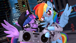 Size: 3840x2160 | Tagged: safe, artist:owlpirate, derpibooru import, twilight sparkle, twilight sparkle (alicorn), alicorn, pegasus, pony, 3d, 4k, backwards ballcap, baseball cap, bipedal, bipedal leaning, boombox, cap, city, clothes, duo, feather fingers, female, glasses, grin, hat, high res, jacket, leaning, looking at you, mare, mouth hold, peace sign, smiling, smiling at you, source filmmaker, spread wings, sunglasses, wing gesture, wing hands, wings