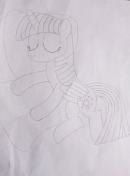 Size: 3120x4208 | Tagged: safe, artist:xuf, derpibooru import, twilight sparkle, twilight sparkle (alicorn), alicorn, pony, female, mare, monochrome, sleeping, solo, traditional art