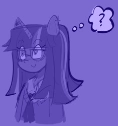 Size: 1255x1333 | Tagged: safe, artist:pekodayz, derpibooru import, twilight sparkle, anthro, unicorn, blue background, bust, clothes, glasses, purple, simple background, smiling, solo