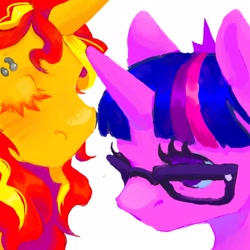 Size: 1600x1600 | Tagged: safe, artist:indigofera-tinctoria, derpibooru import, sci-twi, sunset shimmer, twilight sparkle, pony, unicorn, equestria girls, bust, duo, eyes closed, glasses, piercing, simple background, white background