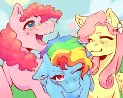 Size: 2048x1638 | Tagged: safe, artist:indigofera-tinctoria, derpibooru import, fluttershy, pinkie pie, rainbow dash, earth pony, pegasus, pony, unicorn, blushing, ear piercing, eyes closed, one eye closed, open mouth, piercing, smiling, trio, wink