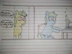 Size: 4160x3120 | Tagged: safe, artist:valuable ashes, derpibooru import, oc, oc only, oc:technical writings, oc:valuable ashes, earth pony, pony, unicorn, comic, computer, dialogue, laptop computer, sitting, smoke, traditional art