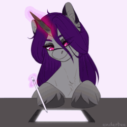 Size: 2048x2048 | Tagged: safe, artist:enderbee, derpibooru import, oc, oc:enderbee, pony, unicorn, animated, chest fluff, colored, drawing, drawing tablet, ear fluff, ears, flat colors, gif, hooves, hooves on the table, ipad, loop, magic, magic aura, purple hair, simple background, sketch, smiling, solo, telekinesis, unshorn fetlocks