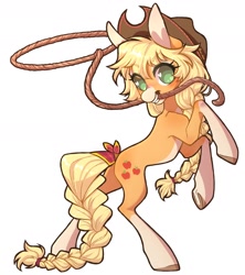 Size: 1600x1800 | Tagged: safe, artist:uni_pone, derpibooru import, applejack, earth pony, pony, braid, braided tail, cowboy hat, hat, heart, heart eyes, lasso, mouth hold, no pupils, rope, simple background, solo, tail, white background, wingding eyes