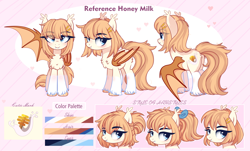 Size: 3684x2220 | Tagged: safe, artist:2pandita, derpibooru import, oc, oc only, oc:honey milk, bat pony, pony, bat pony oc, butt, butt fluff, chest fluff, cute, cute little fangs, ear tufts, fangs, female, mare, plot, quadrupedal, reference sheet, solo, unshorn fetlocks