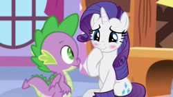 Size: 1920x1080 | Tagged: safe, artist:georgegarza01, derpibooru import, screencap, rarity, spike, dragon, pony, unicorn, 1080p, blushing, cute, duo, fan animation, female, looking at each other, looking at someone, male, mare, no excuse for the heart, raribetes, winged spike, wings