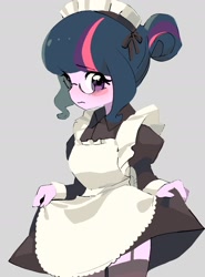 Size: 1680x2270 | Tagged: safe, artist:cheesesauce_45, derpibooru import, sci-twi, twilight sparkle, human, equestria girls, blush sticker, blushing, clothes, curtsey, cute, embarrassed, female, garter straps, gray background, maid, maidlight sparkle, simple background, solo, stockings, thigh highs, twiabetes