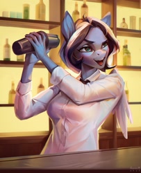 Size: 2480x3051 | Tagged: safe, artist:annna markarova, derpibooru import, oc, anthro, pegasus, pony, bar, bartender, bowtie, button-up shirt, classy, clothes, eyes open, glass, shirt, solo, table