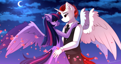 Size: 2048x1080 | Tagged: safe, alternate version, artist:airiniblock, derpibooru import, twilight sparkle, twilight sparkle (alicorn), oc, oc:ryoku memori, alicorn, anthro, alicorn oc, alternate character, anthro oc, canon x oc, clothes, costume, dress, duo, horn, night, rcf community, romantic, sky, wings