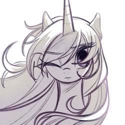 Size: 2048x2048 | Tagged: safe, artist:tkotu1, derpibooru import, twilight sparkle, unicorn twilight, pony, unicorn, eye clipping through hair, female, grayscale, looking at you, mare, monochrome, one eye closed, simple background, solo, white background