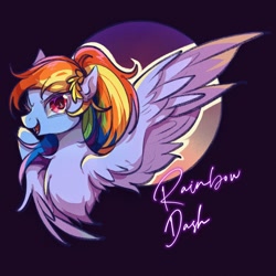 Size: 2048x2048 | Tagged: safe, artist:tkotu1, derpibooru import, rainbow dash, pegasus, pony, alternate hairstyle, black background, bust, chest fluff, female, looking at you, mare, name, one wing out, open mouth, open smile, palindrome get, passepartout, ponytail, simple background, smiling, smiling at you, solo, wings