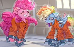 Size: 4096x2612 | Tagged: safe, artist:jfrxd, derpibooru import, pinkie pie, rainbow dash, earth pony, pegasus, pony, clothes, commission, duo, never doubt rainbowdash69's involvement, prison outfit, prisoner rd, shackles, varying degrees of want