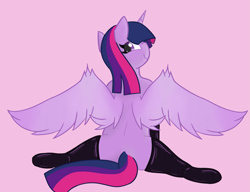 Size: 2433x1867 | Tagged: safe, artist:gean, derpibooru import, twilight sparkle, twilight sparkle (alicorn), alicorn, clothes, colored, flat colors, latex, latex socks, looking back, socks, solo, wings