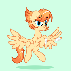 Size: 2250x2250 | Tagged: safe, artist:fakkajohan, derpibooru import, oc, oc only, oc:flarewind, pegasus, pony, bandage, bandaged leg, bandaged wing, eyebrows, female, flying, looking at you, raised eyebrow, simple background, solo, spread wings, wings