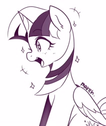 Size: 3214x3800 | Tagged: safe, artist:maren, derpibooru import, twilight sparkle, twilight sparkle (alicorn), alicorn, pony, emanata, female, high res, manga, mare, monochrome, open mouth, open smile, profile, sitting, smiling, solo