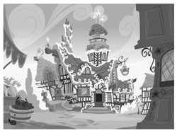 Size: 1080x814 | Tagged: safe, artist:andymation, artist:davedunnet, derpibooru import, black and white, concept art, grayscale, monochrome, no pony, scenery, sugarcube corner