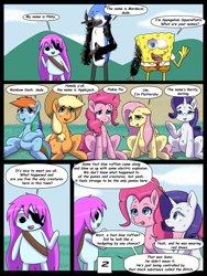 Size: 7500x10000 | Tagged: safe, artist:chedx, derpibooru import, applejack, fluttershy, pinkie pie, rainbow dash, rarity, twilight sparkle, comic:learning with pibby glitch battles, comic, commission, fanfic, fanfic art, mane six, mordecai, multiverse, pibby, regular show, spongebob squarepants