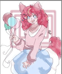 Size: 591x700 | Tagged: safe, artist:tobyw3ird, derpibooru import, pinkie pie, human, alternate hairstyle, balloon, clothes, cute, diapinkes, eared humanization, female, humanized, open mouth, shirt, skirt, solo, tail, tailed humanization