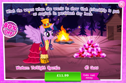 Size: 1958x1296 | Tagged: safe, derpibooru import, twilight sparkle, twilight sparkle (alicorn), alicorn, pony, advertisement, clothes, costs real money, dress, english, female, gameloft, gem, hat, horn, mare, mobile game, my little pony: magic princess, numbers, official, sale, solo, solo focus, spread wings, text, wings