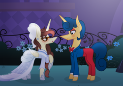 Size: 2376x1650 | Tagged: safe, artist:darbypop1, derpibooru import, oc, oc:darby, alicorn, pony, unicorn, bowtie, clothes, dress, female, mare, pants, ponified, species swap, suit, wally darling, welcome home