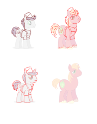 Size: 1000x1279 | Tagged: safe, artist:robin mitchell, derpibooru import, big macintosh, donut joe, earth pony, pony, unicorn, concept art, monochrome, official, production art, simple background, white background