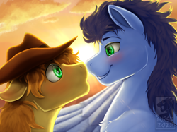 Size: 2732x2048 | Tagged: safe, artist:sursiq, derpibooru import, braeburn, soarin', earth pony, pegasus, pony, accessory, blue mane, blushing, boop, chest fluff, cloud, commission, couple, cowboy hat, cute, ears, eye shimmer, floppy ears, fluffy, gay, green eyes, happy, hat, high res, lens flare, looking at each other, looking at someone, male, noseboop, orange mane, shading, shiny eyes, shipping, smiling, soarburn, sun, sunset, teeth, watermark, wings