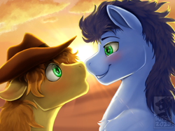 Size: 2732x2048 | Tagged: safe, alternate version, artist:sursiq, derpibooru import, braeburn, soarin', earth pony, pegasus, pony, accessory, blue mane, blushing, boop, chest fluff, cloud, commission, couple, cowboy hat, cute, ears, eye shimmer, floppy ears, fluffy, gay, green eyes, happy, hat, high res, lens flare, looking at each other, looking at someone, male, noseboop, orange mane, shading, shiny eyes, shipping, smiling, soarburn, sun, sunset, teeth, watermark