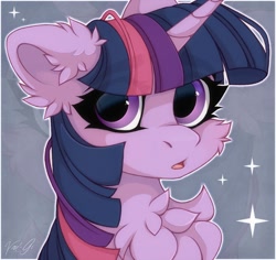 Size: 1260x1190 | Tagged: safe, artist:vird-gi, derpibooru import, twilight sparkle, pony, unicorn, bust, chest fluff, ear fluff, ears, eye clipping through hair, eyebrows, eyebrows visible through hair, fluffy, looking at you, open mouth, solo, sparkles