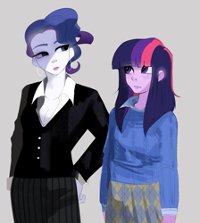 Size: 1953x2175 | Tagged: safe, artist:aztrial, derpibooru import, rarity, twilight sparkle, human, equestria girls, alternate hairstyle, alternate universe, clothes, crossover, duo, ear piercing, earring, female, jewelry, lipstick, makeup, parody, piercing, shirt, skirt, suit, sweater, the devil wears prada