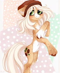 Size: 1260x1540 | Tagged: safe, artist:vird-gi, derpibooru import, oc, oc only, earth pony, pony, beanie, chest fluff, coat markings, dappled, eye clipping through hair, eyebrows, eyebrows visible through hair, hat, looking at you, solo, unshorn fetlocks