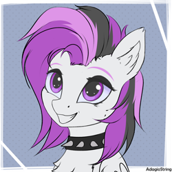 Size: 2000x2000 | Tagged: safe, artist:adagiostring, derpibooru import, oc, oc only, oc:moonstone, bat pony, pony, bat pony oc, bust, chest fluff, choker, ear fluff, ears, eyeshadow, makeup, smiling, spiked choker