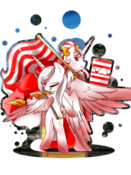 Size: 768x1024 | Tagged: safe, artist:diniarvegafinahar, derpibooru import, oc, oc only, oc:indonisty, alicorn, pony, bipedal, colored wings, countryball, father and child, father and daughter, female, flag, gradient hooves, gradient wings, hat, holding, indonesia, majapahit empire, male, mare, nation ponies, one eye closed, parent and child, polandball, ponified, simple background, songkok, species swap, stallion, white background, wings, wink