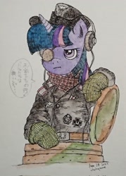 Size: 1463x2048 | Tagged: safe, artist:daisymane, derpibooru import, twilight sparkle, unicorn twilight, pony, unicorn, clothes, dialogue, eyepatch, female, grayscale, japanese, mare, monochrome, pencil drawing, solo, traditional art, uniform, watercolor painting